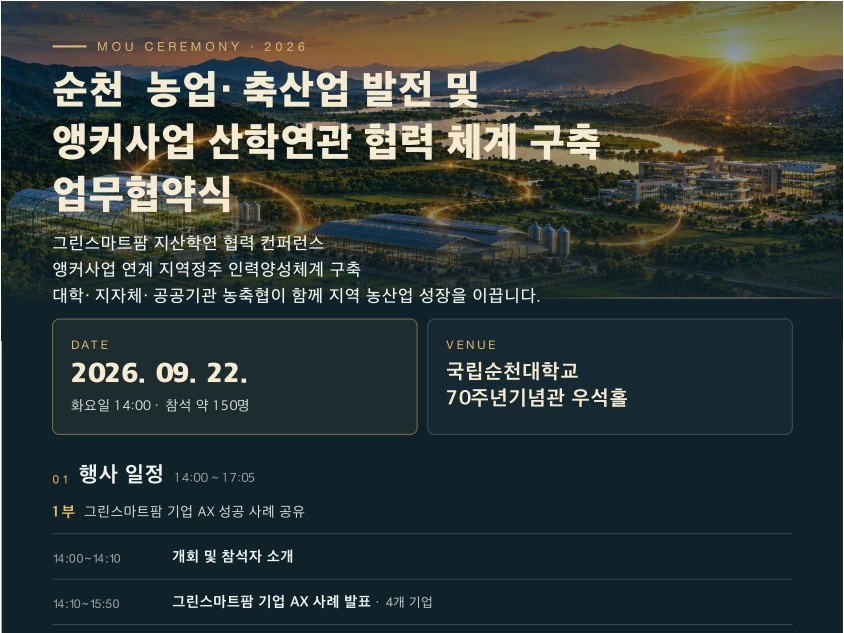 국립순천대, '그린스마트팜 지산학연 협력 컨퍼런스' 개최… 5자 업무협약 체결