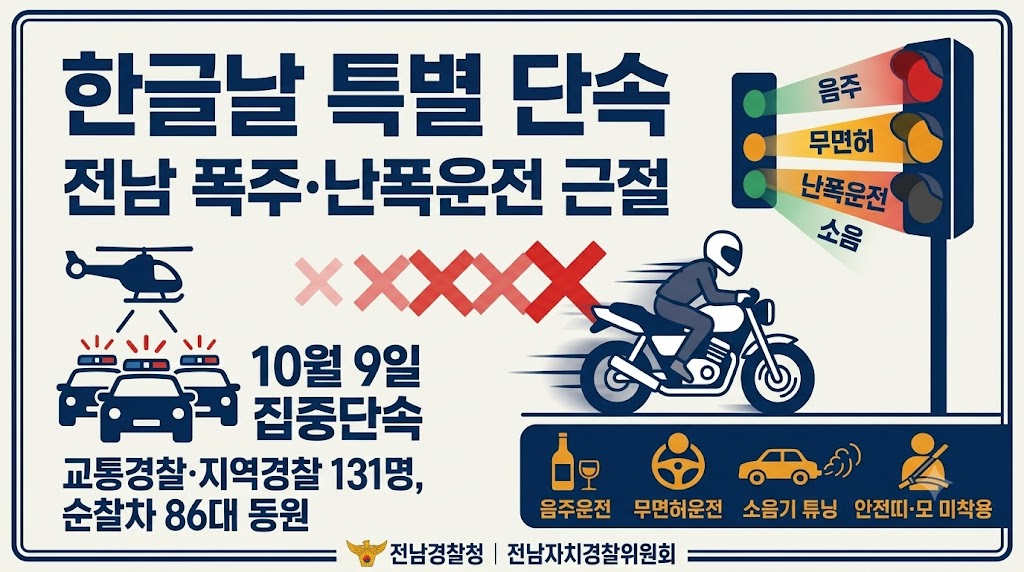 전남 동부권 교통질서 확립… 전남경찰, 한글날 폭주행위 집중단속